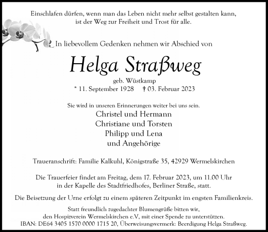 Traueranzeige von Helga Straßweg von Rheinische Post
