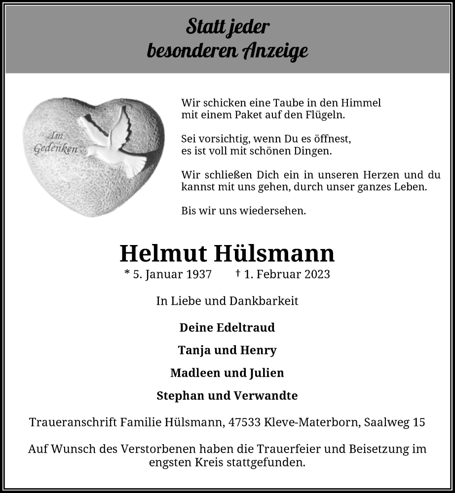  Traueranzeige für Helmut Hülsmann vom 11.02.2023 aus Rheinische Post