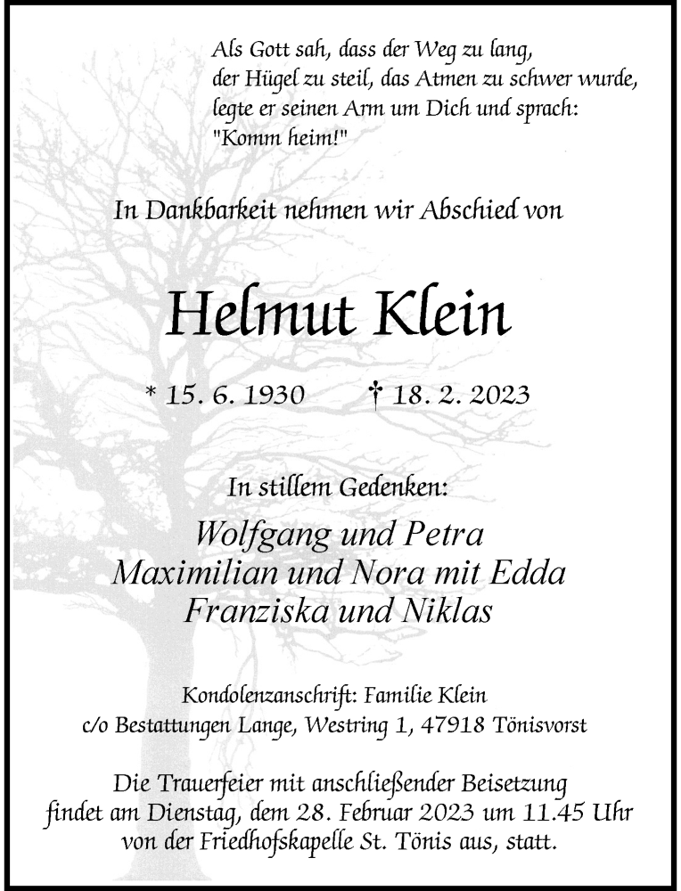  Traueranzeige für Helmut Klein vom 25.02.2023 aus Rheinische Post