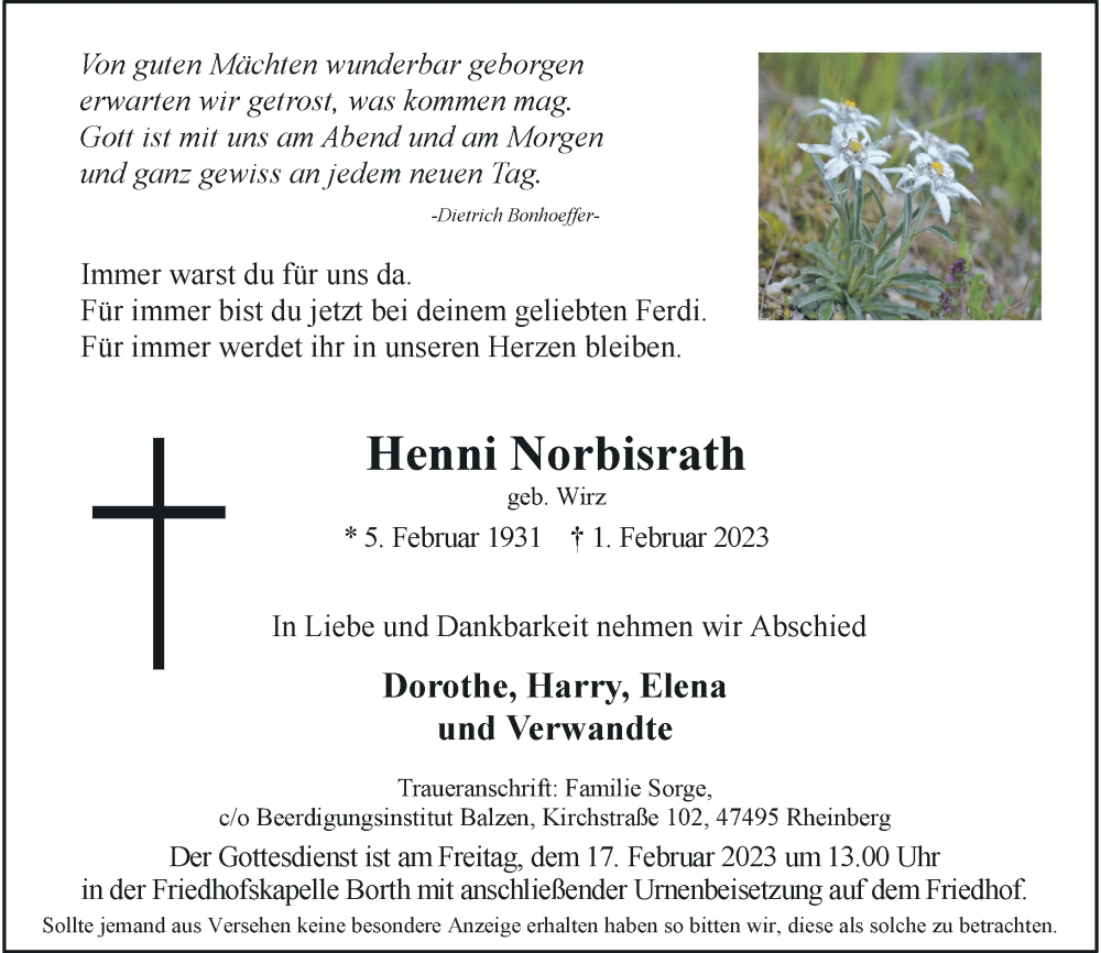  Traueranzeige für Henni Norbisrath vom 04.02.2023 aus Rheinische Post