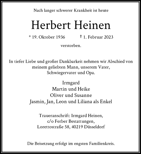 Traueranzeige von Herbert Heinen von Rheinische Post