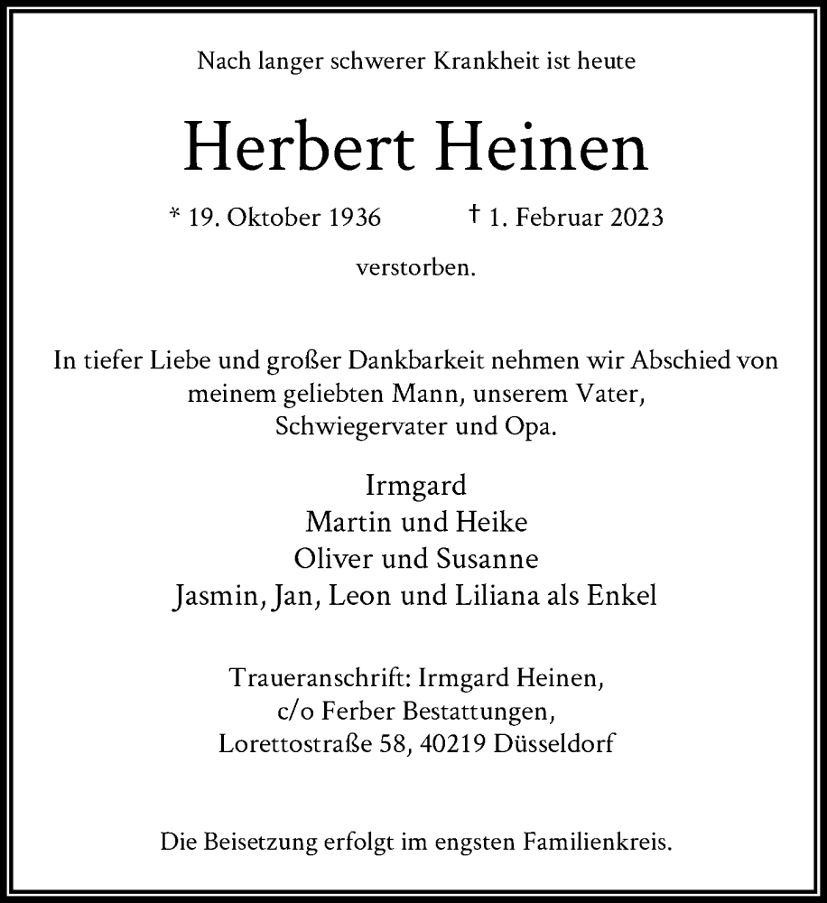  Traueranzeige für Herbert Heinen vom 04.02.2023 aus Rheinische Post
