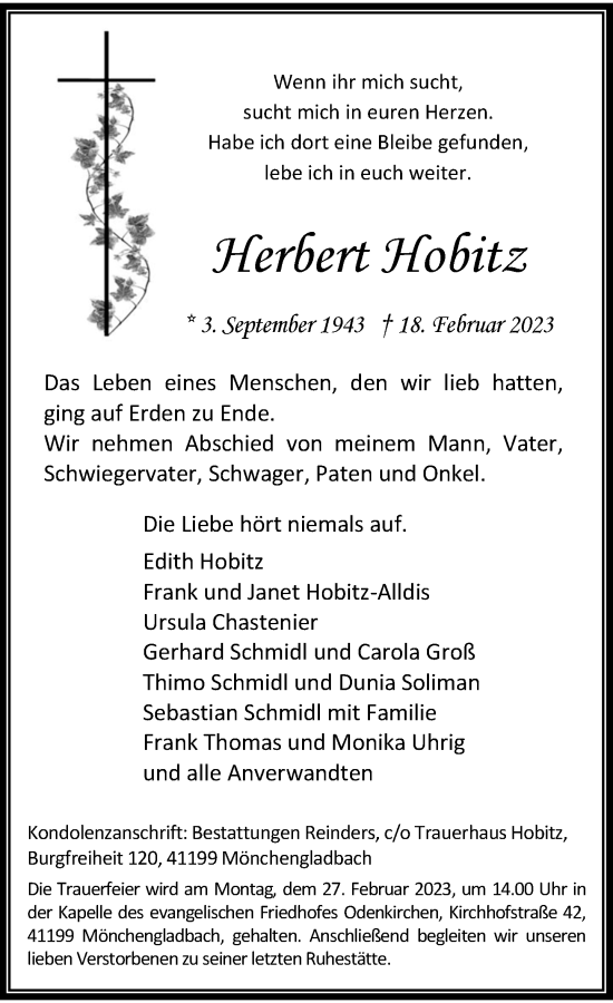Traueranzeige von Herbert Hobitz von Rheinische Post