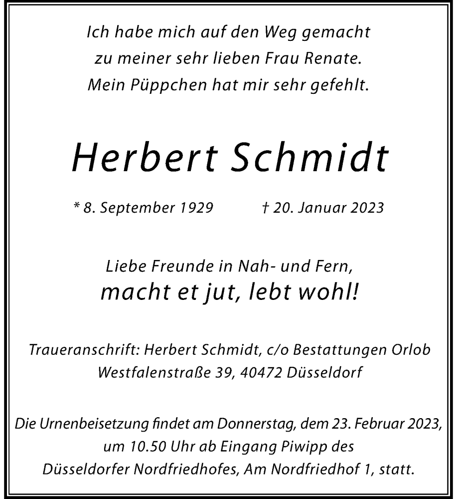  Traueranzeige für Herbert Schmidt vom 18.02.2023 aus Rheinische Post