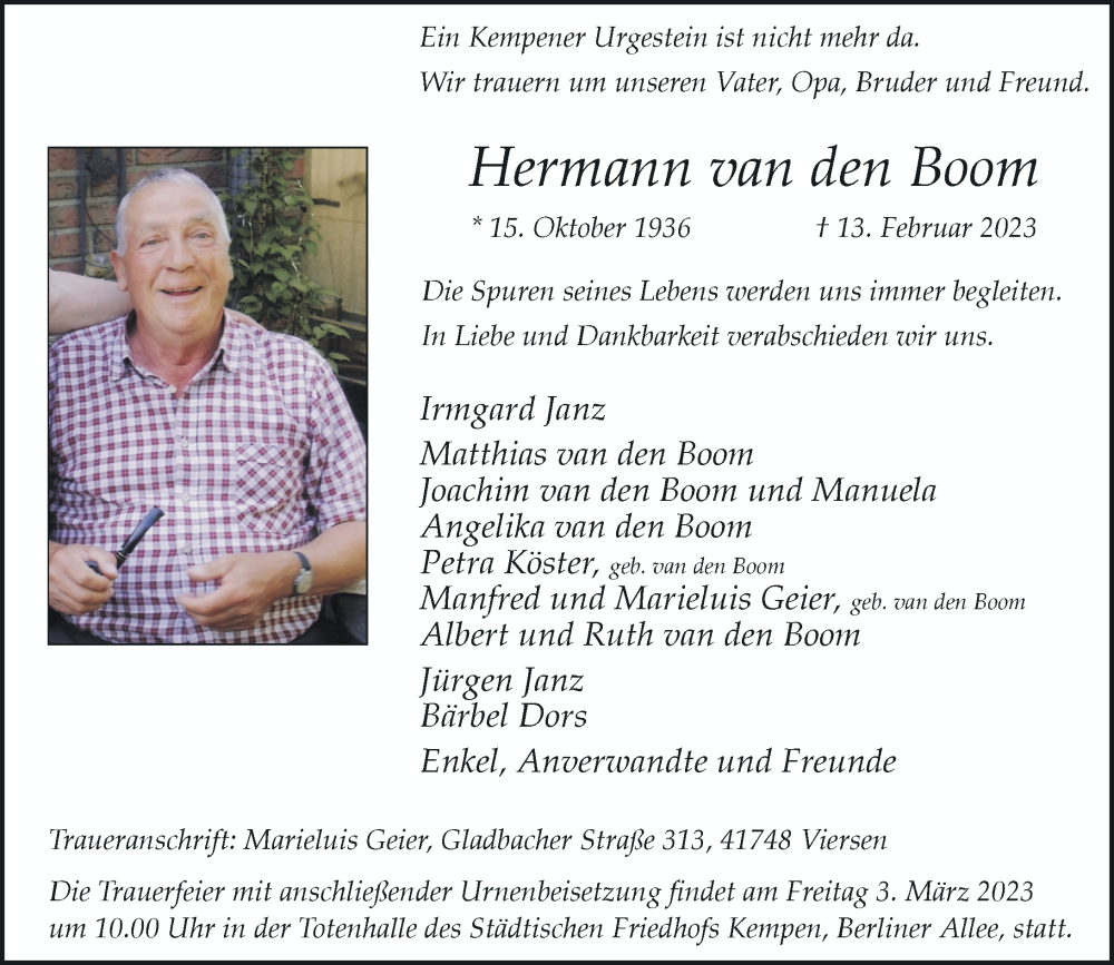  Traueranzeige für Hermann van den Boom vom 28.02.2023 aus Rheinische Post