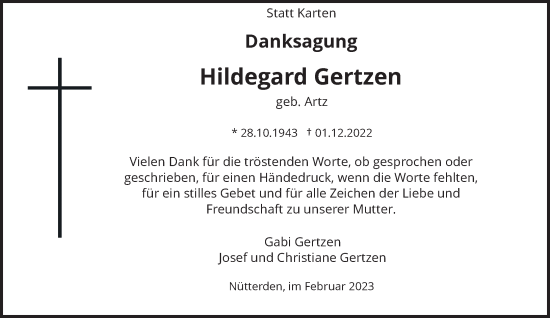 Traueranzeige von Hildegard Gertzen von Rheinische Post