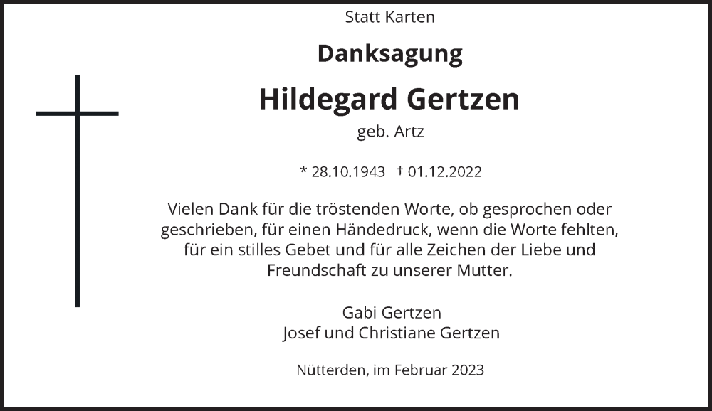  Traueranzeige für Hildegard Gertzen vom 04.02.2023 aus Rheinische Post