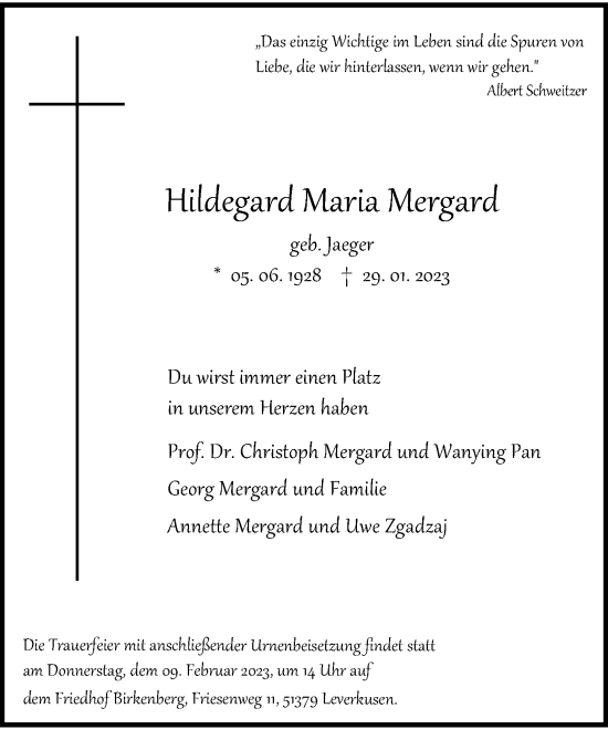 Traueranzeige von Hildegard Maria Mergard von Rheinische Post