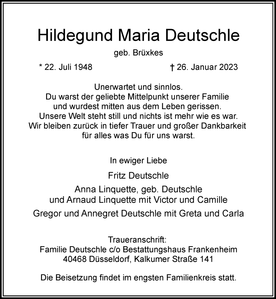  Traueranzeige für Hildegund Maria Deutschle vom 04.02.2023 aus Rheinische Post