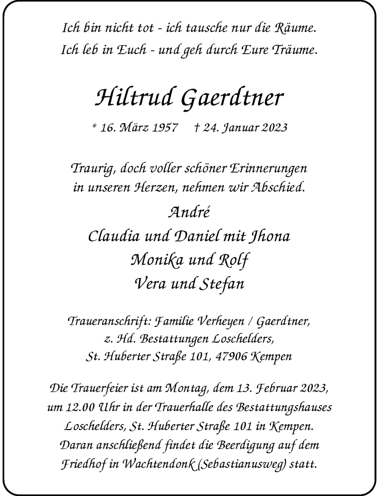  Traueranzeige für Hiltrud Gaerdtner vom 04.02.2023 aus Rheinische Post