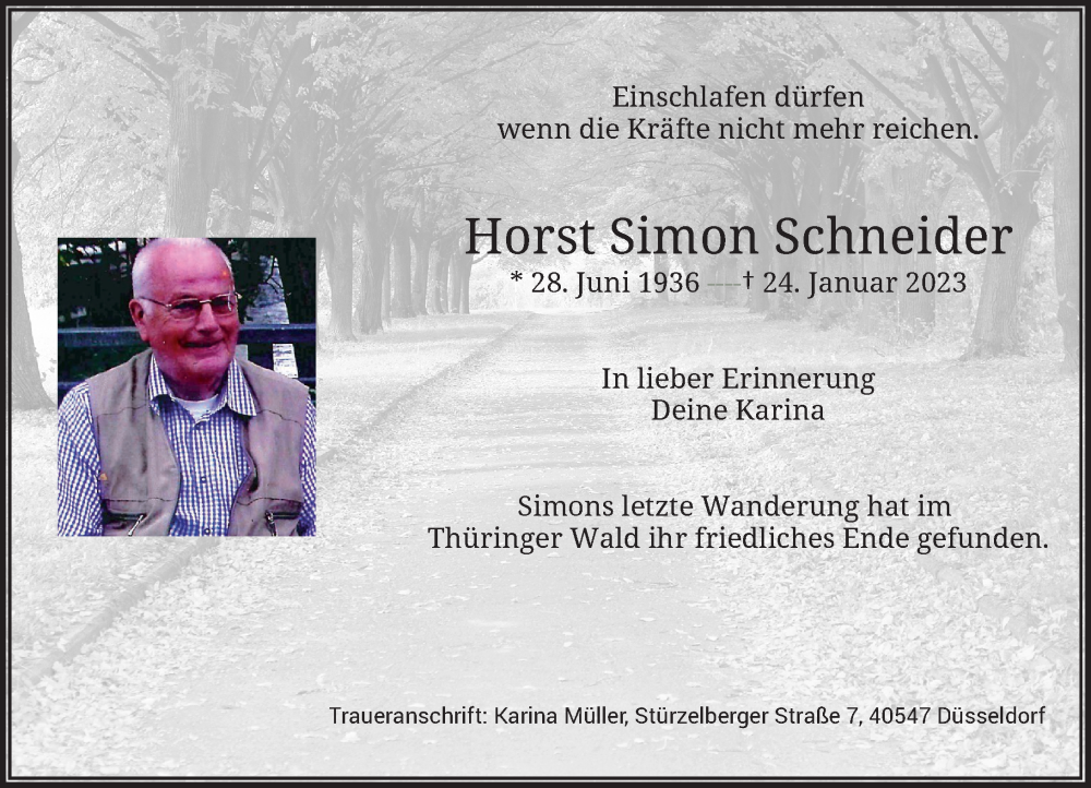  Traueranzeige für Horst Simon Schneider vom 04.02.2023 aus Rheinische Post