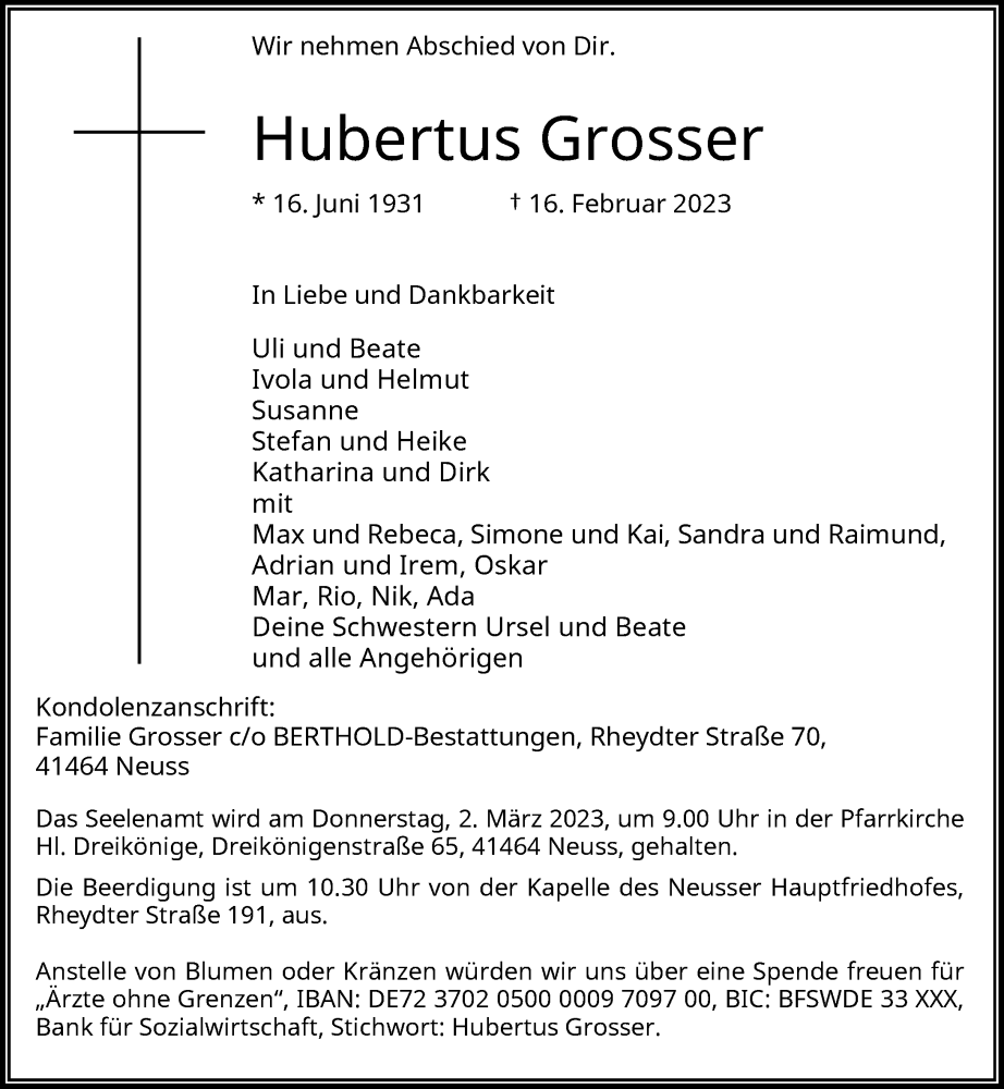  Traueranzeige für Hubertus Grosser vom 24.02.2023 aus Rheinische Post