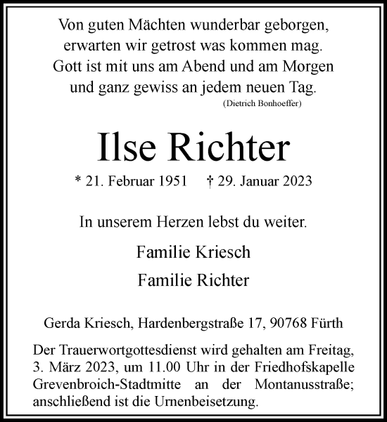 Traueranzeige von Ilse Richter von Rheinische Post