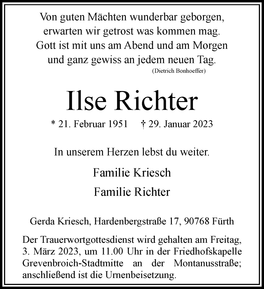  Traueranzeige für Ilse Richter vom 11.02.2023 aus Rheinische Post