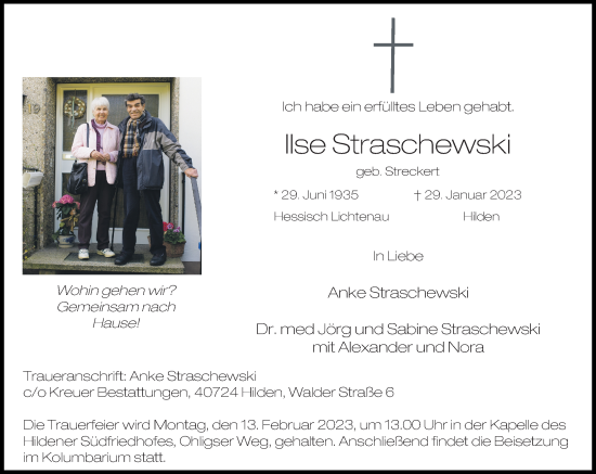 Traueranzeige von Ilse Straschewski von Rheinische Post