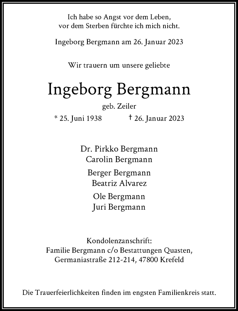  Traueranzeige für Ingeborg Bergmann vom 04.02.2023 aus Rheinische Post
