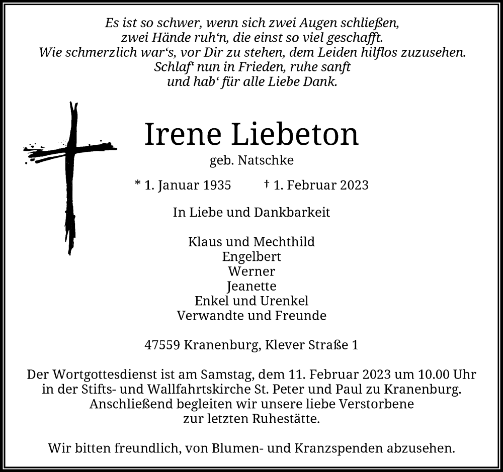  Traueranzeige für Irene Liebeton vom 04.02.2023 aus Rheinische Post