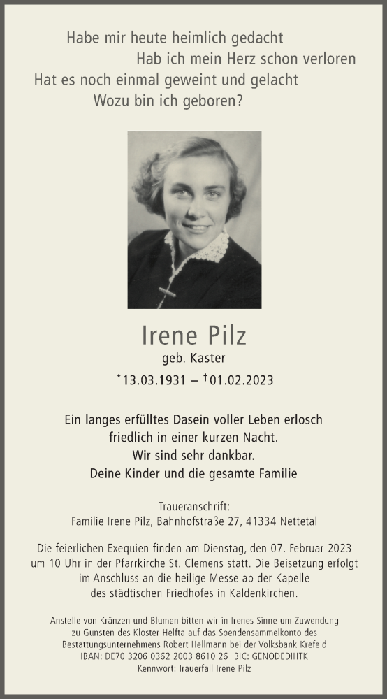  Traueranzeige für Irene Pilz vom 04.02.2023 aus Rheinische Post