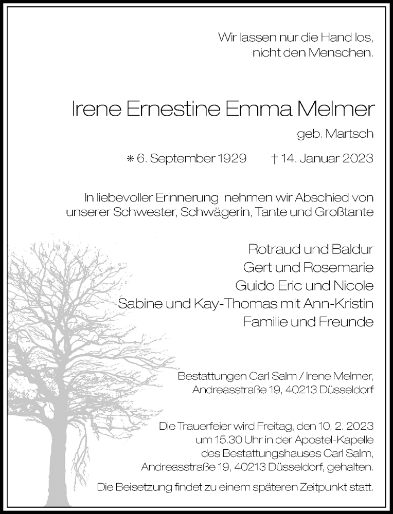  Traueranzeige für Irene Ernestine Emma Melmer vom 04.02.2023 aus Rheinische Post