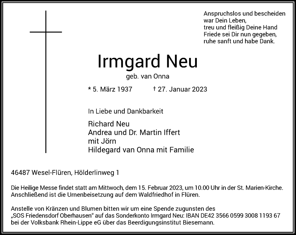  Traueranzeige für Irmgard Neu vom 04.02.2023 aus Rheinische Post