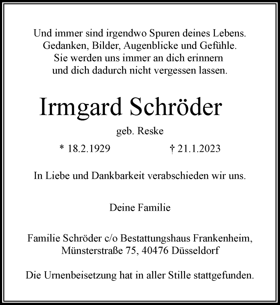  Traueranzeige für Irmgard Schröder vom 18.02.2023 aus Rheinische Post