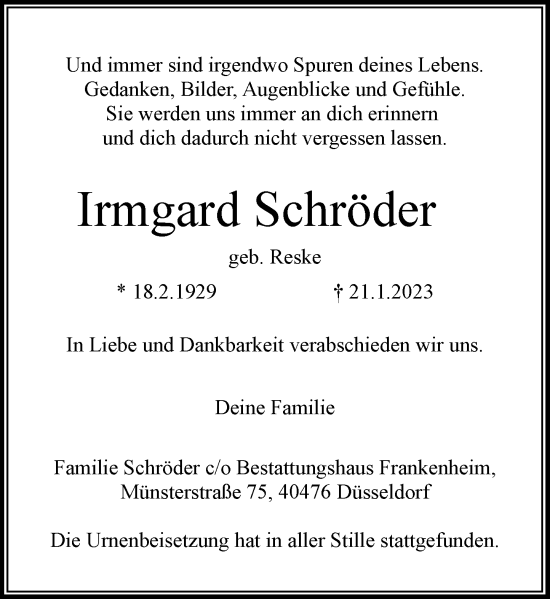 Traueranzeige von Irmgard Schröder von Rheinische Post