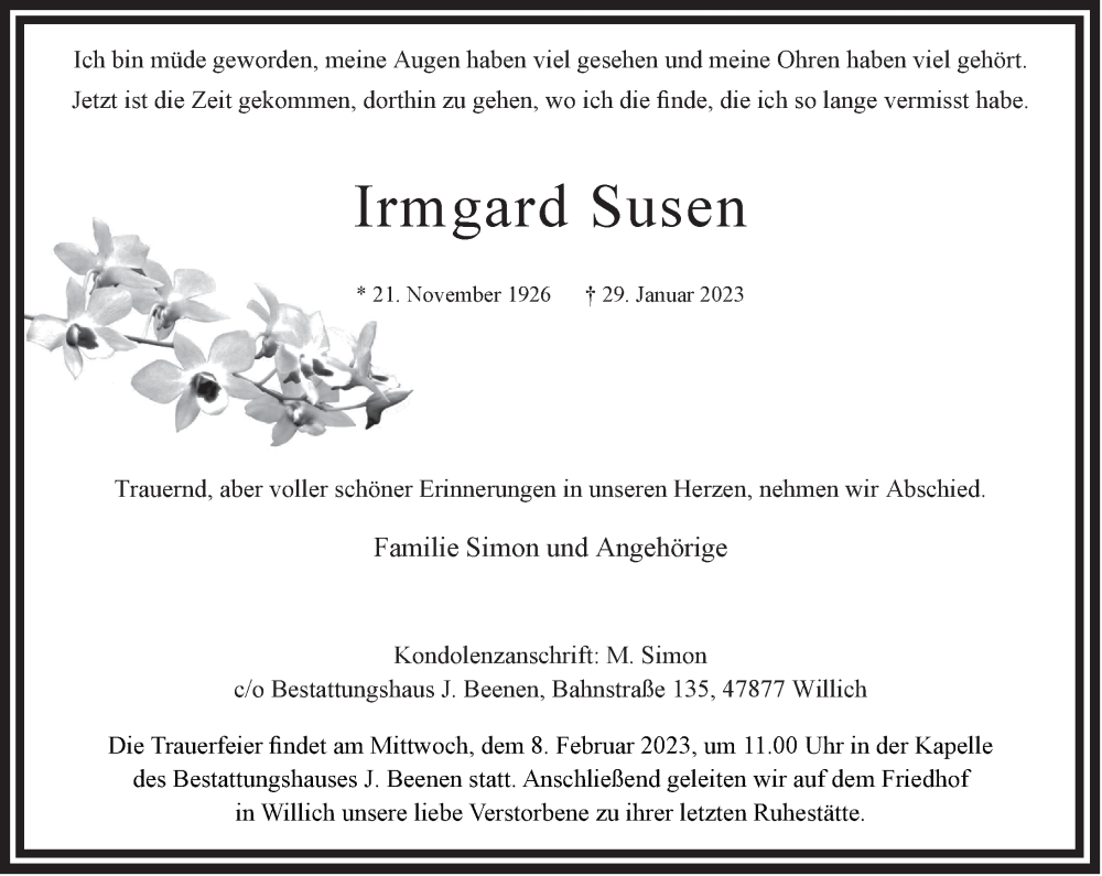  Traueranzeige für Irmgard Susen vom 04.02.2023 aus Rheinische Post