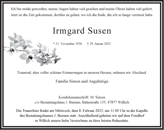 Traueranzeige von Irmgard Susen von Rheinische Post