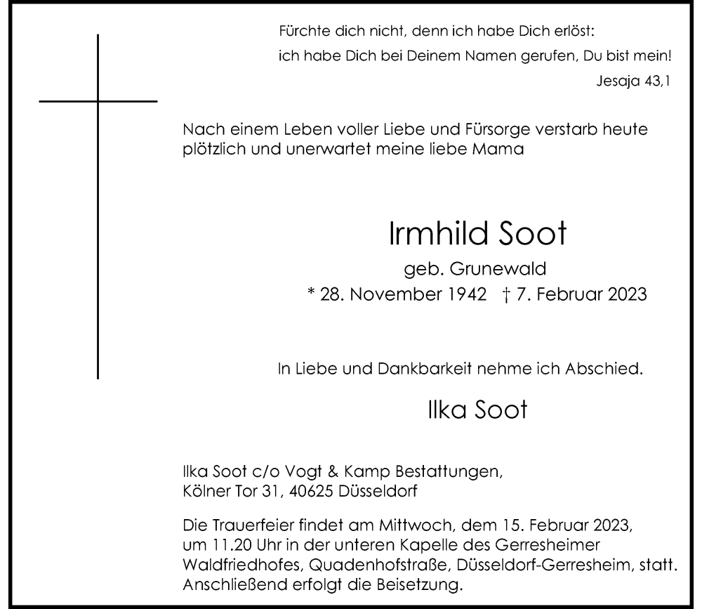  Traueranzeige für Irmhild Soot vom 11.02.2023 aus Rheinische Post