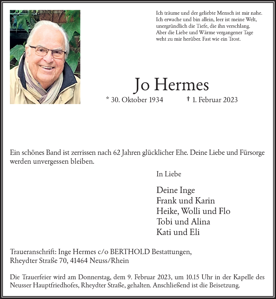  Traueranzeige für Jo Hermes vom 04.02.2023 aus Rheinische Post