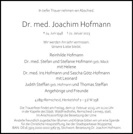Traueranzeige von Joachim Hofmann von Rheinische Post