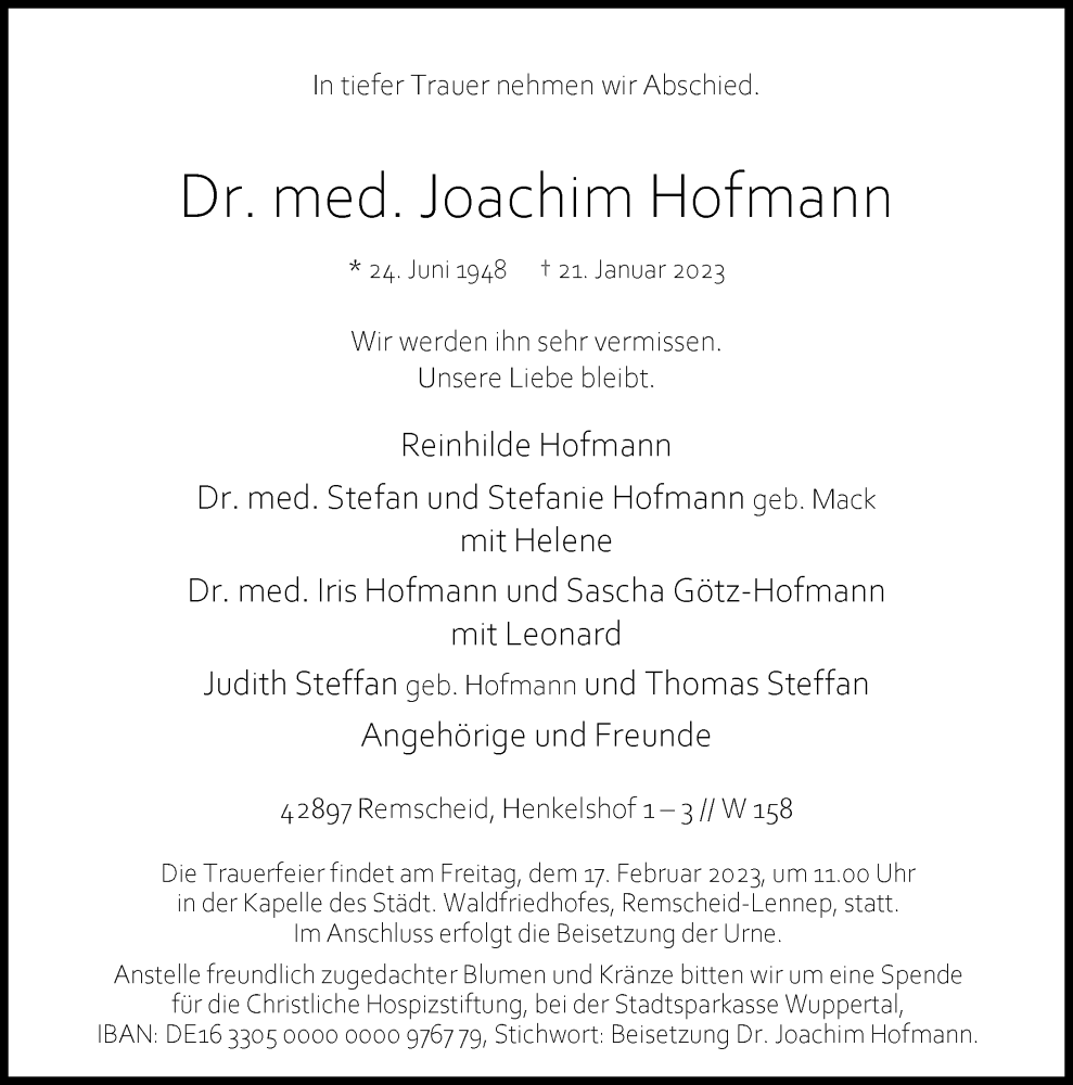  Traueranzeige für Joachim Hofmann vom 11.02.2023 aus Rheinische Post