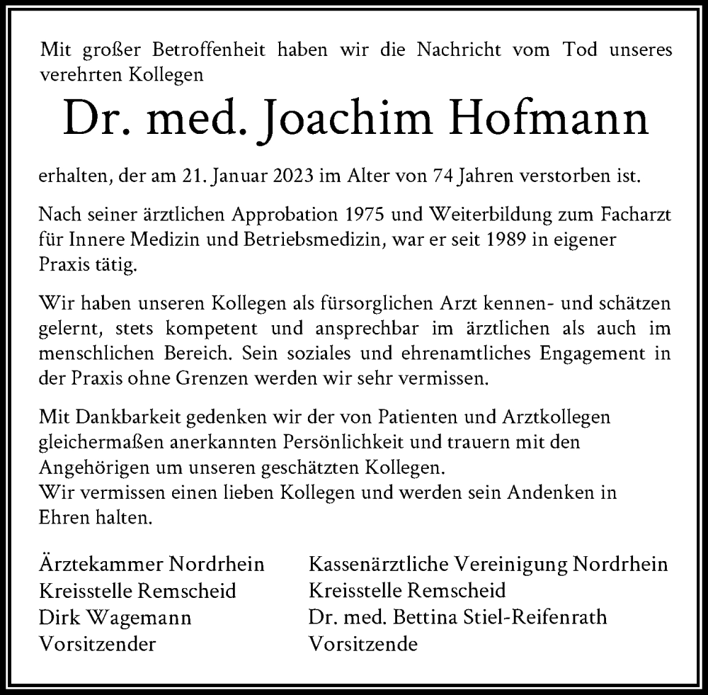  Traueranzeige für Joachim Hofmann vom 04.02.2023 aus Rheinische Post