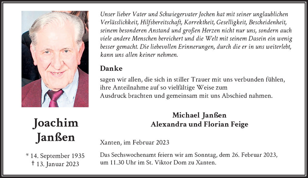  Traueranzeige für Joachim Janßen vom 18.02.2023 aus Rheinische Post