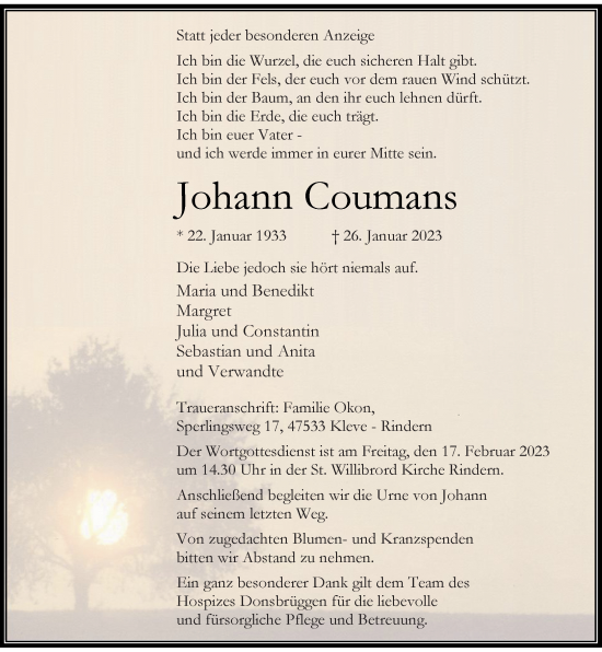 Traueranzeige von Johann Coumans von Rheinische Post