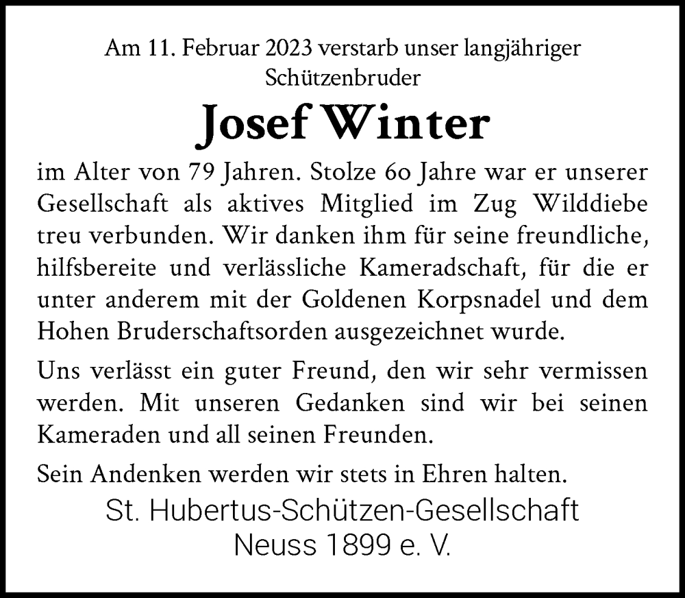  Traueranzeige für Josef Winter vom 18.02.2023 aus Rheinische Post