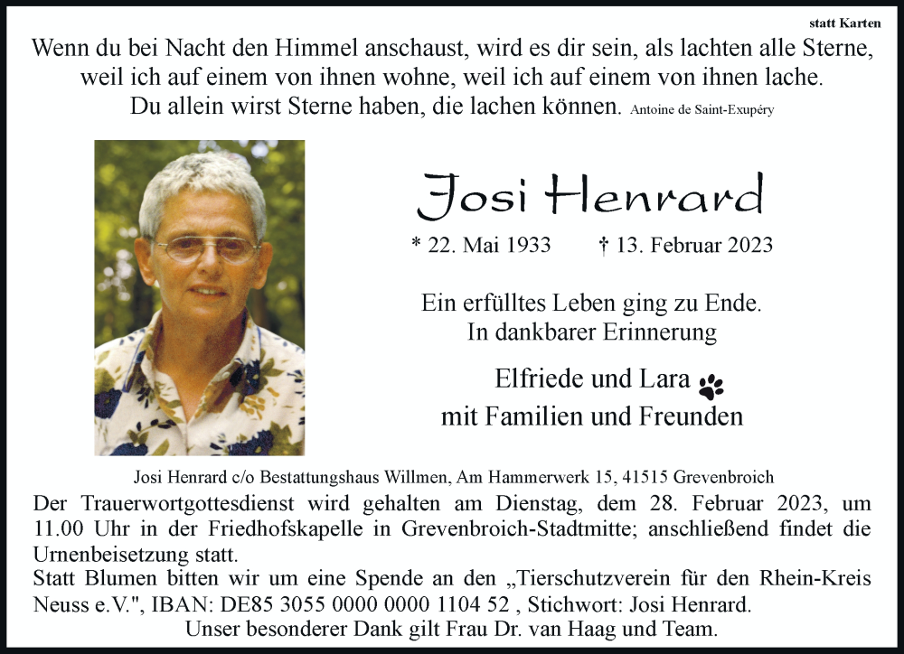  Traueranzeige für Josi Henrard vom 25.02.2023 aus Rheinische Post