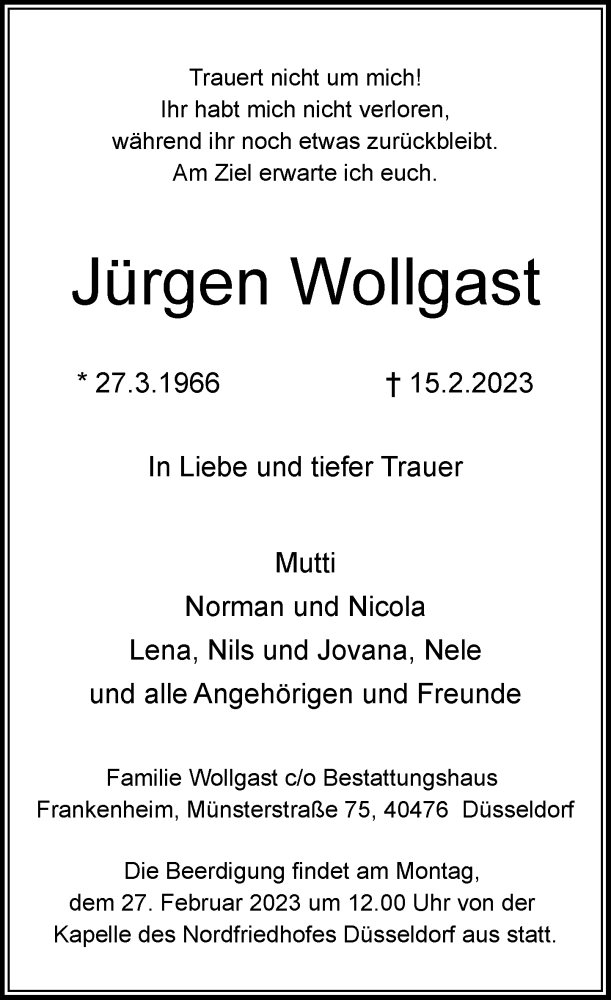  Traueranzeige für Jürgen Wollgast vom 25.02.2023 aus Rheinische Post