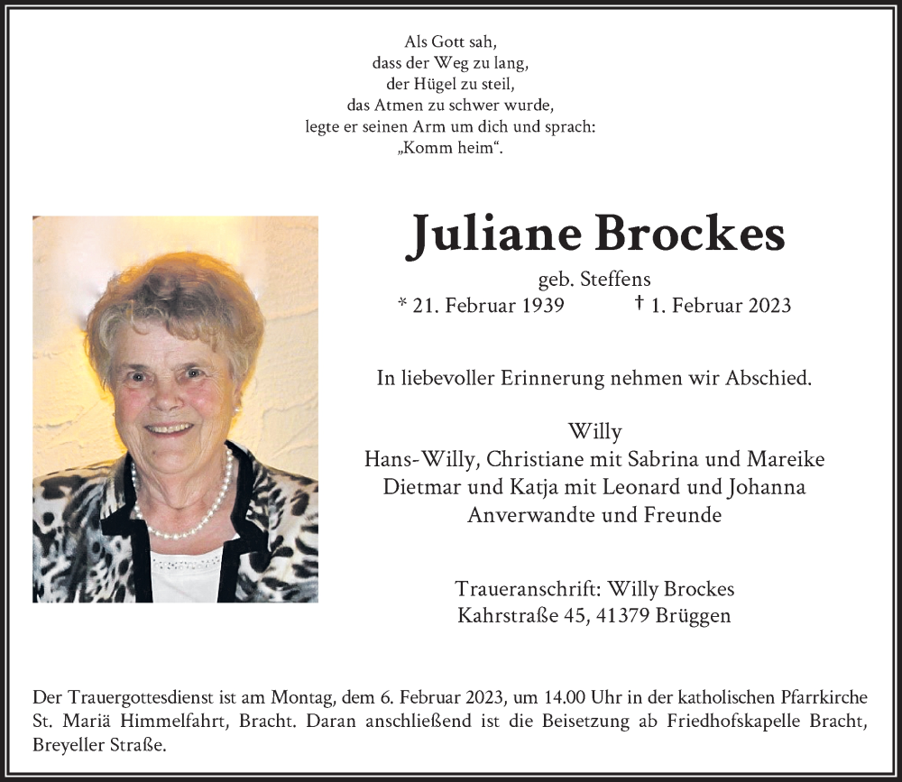 Traueranzeige für Juliane Brockes vom 03.02.2023 aus Rheinische Post