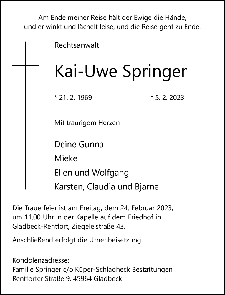  Traueranzeige für Kai-Uwe Springer vom 11.02.2023 aus Rheinische Post