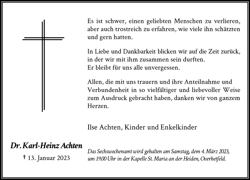  Traueranzeige für Karl-Heinz Achten vom 25.02.2023 aus Rheinische Post