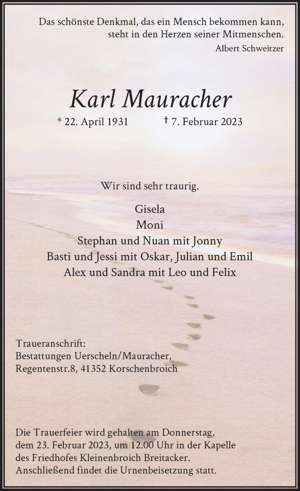  Traueranzeige für Karl Mauracher vom 18.02.2023 aus Rheinische Post