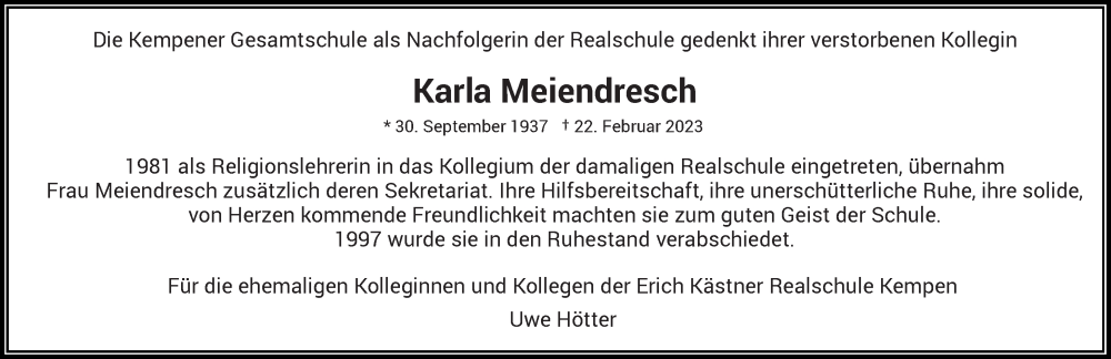  Traueranzeige für Karla Meiendresch vom 04.03.2023 aus Rheinische Post