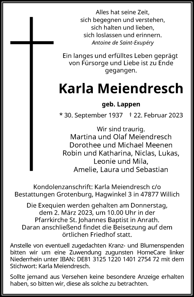  Traueranzeige für Karla Meiendresch vom 25.02.2023 aus Rheinische Post