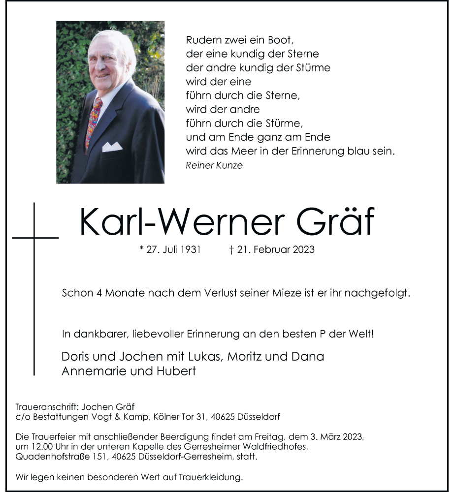  Traueranzeige für Karl Werner Gräf vom 25.02.2023 aus Rheinische Post