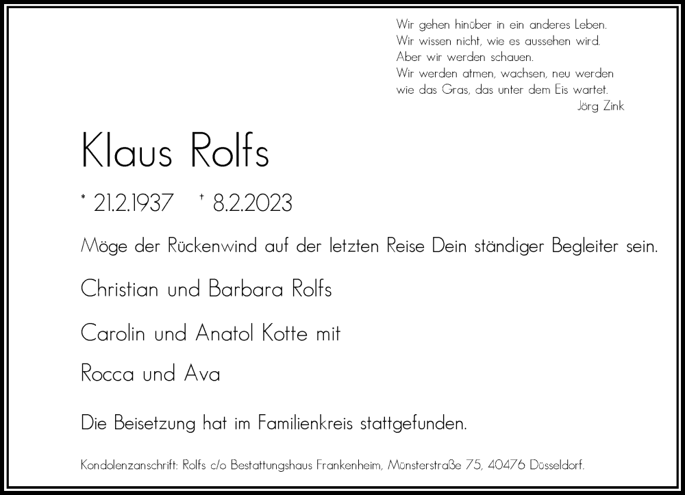  Traueranzeige für Klaus Rolfs vom 25.02.2023 aus Rheinische Post