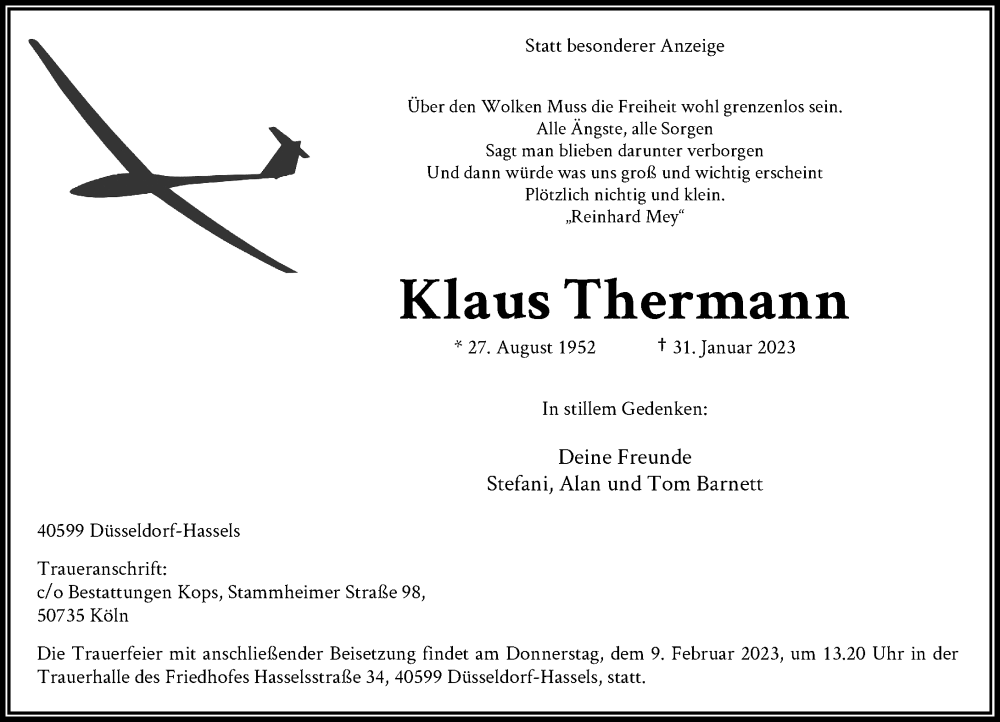  Traueranzeige für Klaus Thermann vom 04.02.2023 aus Rheinische Post
