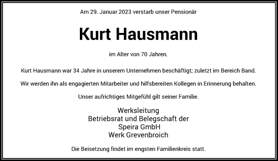 Traueranzeige von Kurt Hausmann von Rheinische Post