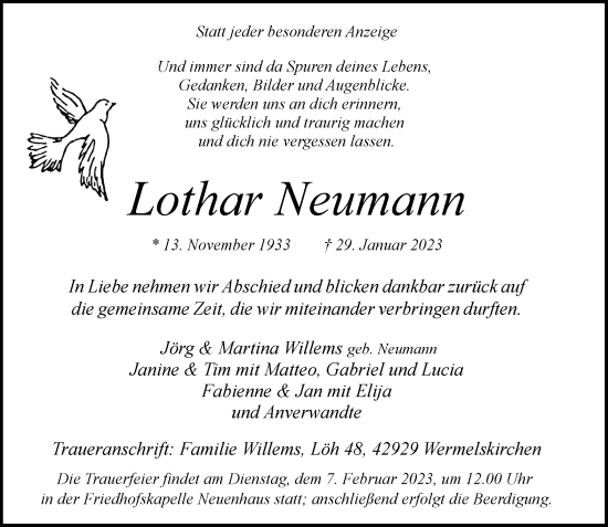 Traueranzeige von Lothar Neumann von Rheinische Post