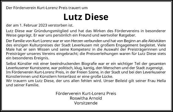 Traueranzeige von Lutz Diese von Rheinische Post